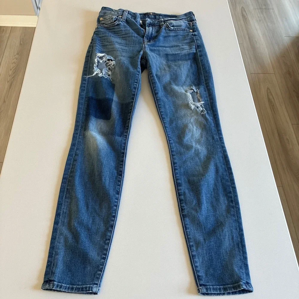 7 For All Mankind Womens Distressed Skinny Jeans Blue Denim Size 24 Ripped Patch